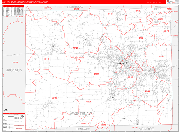 Ann Arbor Metro Area Wall Map Red Line Style